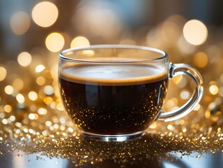 Warm coffee cup with festive golden bokeh lights background