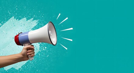 Hand Holding Megaphone on Teal Background