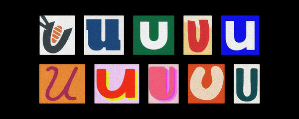 Assorted letter U typography styles, paper cutouts against black
