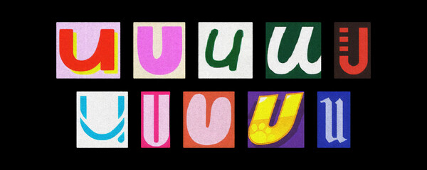 Assorted letter U typography styles, paper cutouts against black
