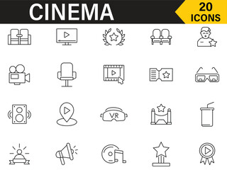 Set of cinema icons in line style symbol. Included icons as  film, reel, video, movie theatre, camera, soundtrack, popcorn, ticket, director and more symbol collection. Vector illustration.