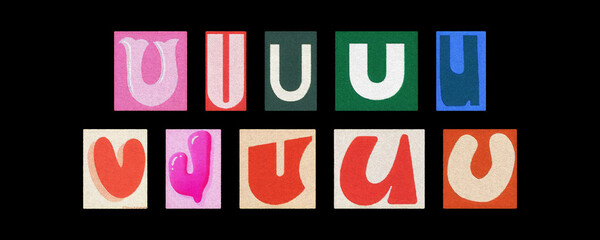 Bold letter U collection in varied fonts, magazine collage on black
