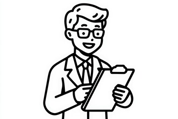 A man in a suit and glasses stands smiling while holding a clipboard. He appears friendly and professional, ready to offer assistance or check off tasks. The background is simple and minimalistic.