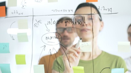 Marketing team collaborating, strategizing business growth with colorful sticky notes on transparent board, targeting revenue and profitability goals