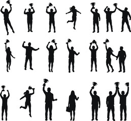 Celebration silhouettes, trophy winners, achievement poses, jumping figures, proud stance, black icons, victory moment, teamwork joy, success concept, award ceremony
