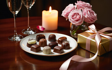 Romantic Celebration with Champagne, Chocolates, Roses, a Glowing Candle, and a Gold Gift Box, Perfect for Valentine's Day