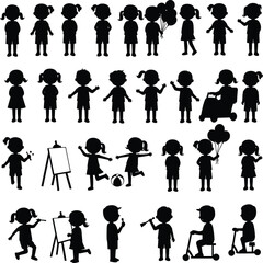 Children silhouette set, playful poses, activity scenes, painting, waving, riding scooters, expressive gesture, vector illustration, childhood behavior, fun moments