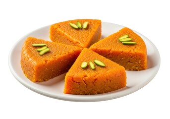 Besan barfi dessert with pistachios on white plate, traditional Indian sweet