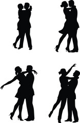 Dancing couple silhouette, romantic poses, expressive movement, elegant gesture, emotional connection, vector illustration, ballroom dance, love moment, performance art
