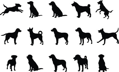 Dog silhouettes, various breeds, sitting standing walking jumping, black icons, canine poses, pet anatomy, animal shapes, dog motion, illustration set