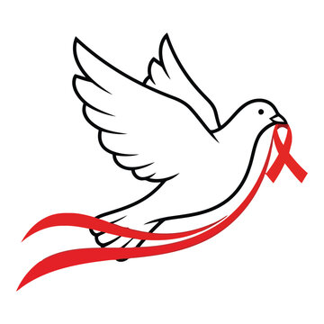 Naklejki Vector art of white dove carrying red ribbon for aids awareness