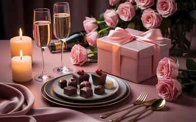 Romantic Valentine's Day Arrangement with Chocolates Roses and Champagne for a Special Celebration