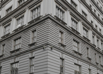 architecture background of angle view of administrative historic grey gray blue government building in downtown Belgrade. video surveillance
