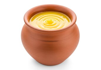 Ghee in clay pot, traditional clarified butter used in Indian cuisine and Ayurveda isolated on white background