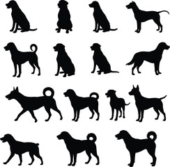 Dog silhouette set, various breeds, sitting and standing poses, pet outline, vector art, black shape, isolated animal, canine form