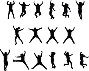 Jumping silhouette people, celebration poses, energetic movement, joyful expression, dynamic body language, human emotion, vector illustration, active lifestyle, happiness concept