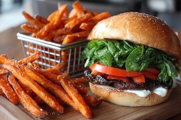 Delicious Portobello Mushroom Burger with Sweet Potato Fries