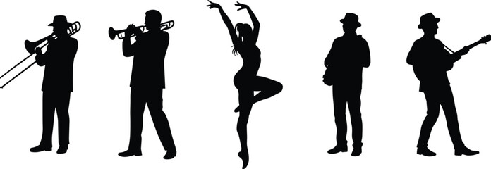 Musicians and dancer silhouettes, performing arts, trombone trumpet saxophone guitar, ballet pose, black figures, expressive movement, music dance ensemble