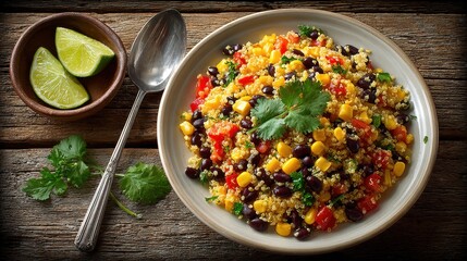 Delicious salad served on a rustic wooden table
