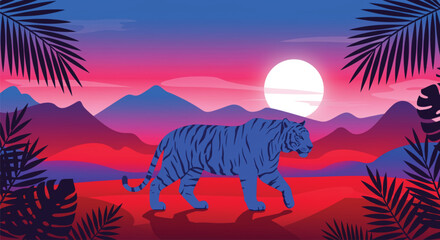 A striking blue tiger strides across a vivid landscape, featuring majestic mountains and a radiant full moon during a breathtaking sunset. A truly captivating scene. Vector illustration. © SWEET