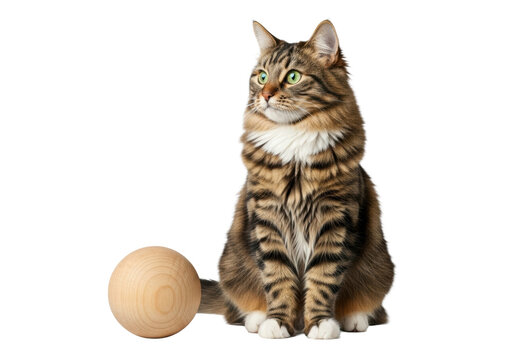 A fluffy brown tabby cat with green eyes and white paws sits elegantly next to a polished light wooden ball on a transparent background, sophisticated pet product concept