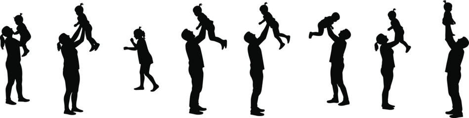 Silhouettes of adult and child interaction, playful parenting moments, emotional bond, lifting gesture, family connection, movement, care, affection
