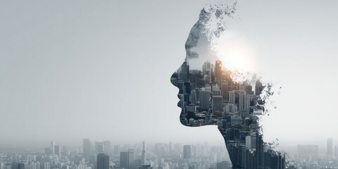 profile of person dissolving into particles with cityscape overlay and glowing light in surreal double exposure composition exploring urban identity and conceptual fusion