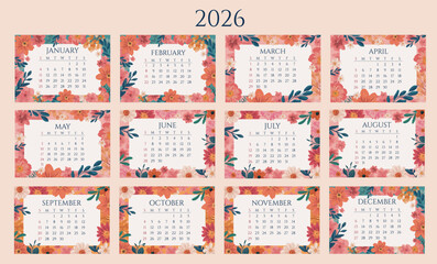 Floral colorful 12 months calendar 2026 template for planning and scheduling