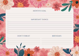 Vector floral monthly goals planner template, to do list, goals, notes, notebook page