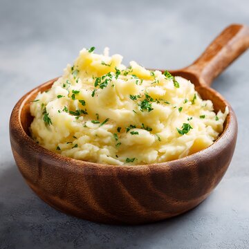 Mashed potatoes served in a wooden bowl on a neutral background