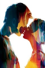 stylized abstract kiss between two figures merged in vibrant multicolored patterns with emotional depth and intimate composition in expressive modern art style