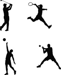 Silhouettes of athletes in action, golf swing, tennis stroke, basketball jump, volleyball block, sports movement, fitness, posture, energy