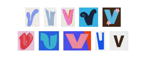 Magazine letter V cutout tiles collage set on transparent PNG
