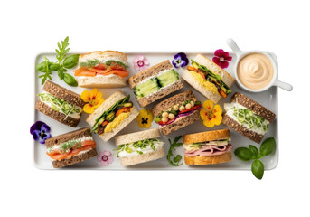 Artfully arranged gourmet mini-sandwiches on a sleek white ceramic platter with microgreens, edible flowers, and aioli ramekin, high-key studio light, 45-degree overhead view, commercial food