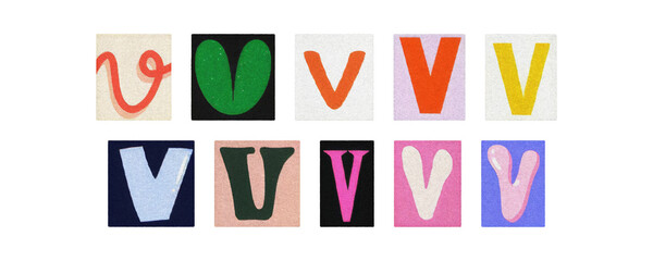 Assorted letter V glyphs, uppercase and lowercase, clear PNG set
