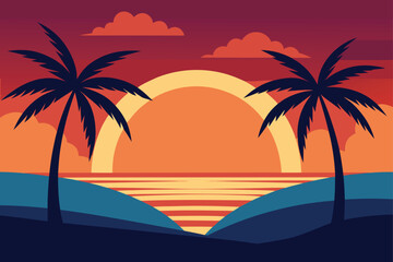 Fototapeta premium Sunset Beach Landscape with Palm Trees