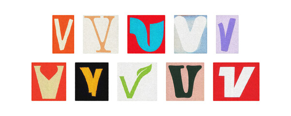 Assorted letter V glyphs, uppercase and lowercase, clear PNG set
