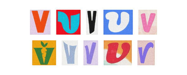Vintage and modern letter V tiles, magazine collage on PNG
