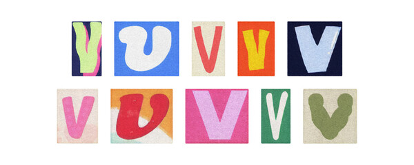 Vintage and modern letter V tiles, magazine collage on PNG
