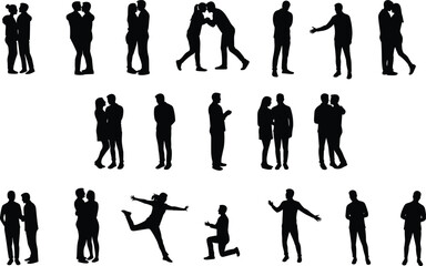 Silhouettes of human interaction poses, expressive gestures, hugging, dancing, talking, jumping, emotional connection, body language, relationship, movement, posture