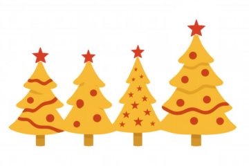 Yellow christmas trees decorated with red stars, ornaments, and garlands, creating a festive holiday vector illustration. Transparent background