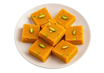 Besan barfi squares with pistachio garnish on white plate, traditional Indian sweet