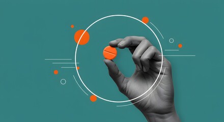 Hand Holding Orange Pill with Abstract Graphic Design