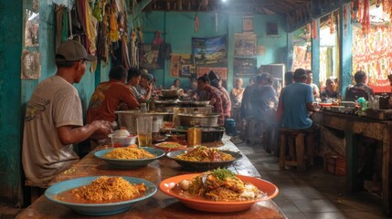 Fototapeta premium Busy Indonesian Warung with People Eating Fried Rice and Noodles