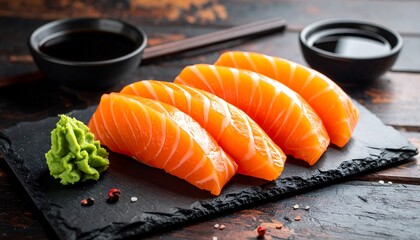 Fresh salmon sashimi on dark slate