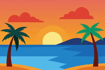 Fototapeta premium Cartoon Seaside Sunset with Glowing Sky