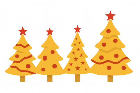 Yellow christmas trees decorated with red stars, ornaments, and garlands, creating a festive holiday vector illustration. Transparent background - Powered by Adobe
