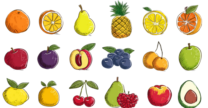 a set of colorful cartoon fruits clip art, featuring an apple cut in half with green leaves on top and the pit inside, mangoes with red rind and yellow skin, oranges, blueberries, pineapples, lemons, 