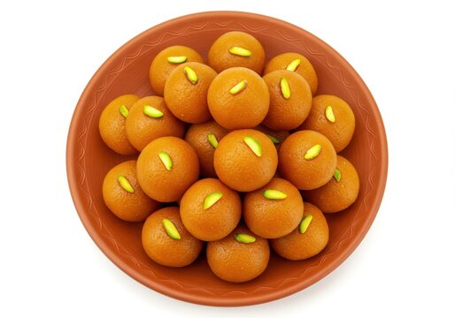 Top view motichoor laddu in terracotta plate with pistachio garnish, traditional Indian sweet