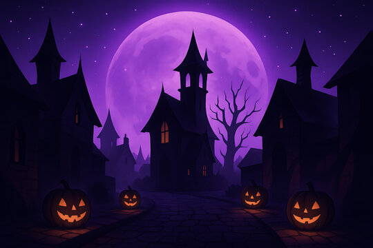 Eerie purple night with a giant full moon over a gothic town silhouette with a spooky leafless tree and glowing pumpkins halloween